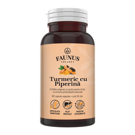 Turmeric cu Piperină – Antioxidant natural pentru articulații sănătoase, echilibru digestiv și susținerea ficatului. Flacon 60 capsule Supliment alimentar Faunus Plant 