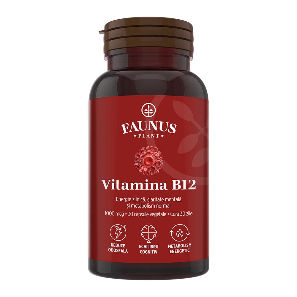 Vitamina B12 1000 mcg – Capsule pentru metabolismul energetic normal, funcționarea sistemului nervos, reducerea oboselii. Flacon 30 capsule Supliment alimentar Faunus Plant 
