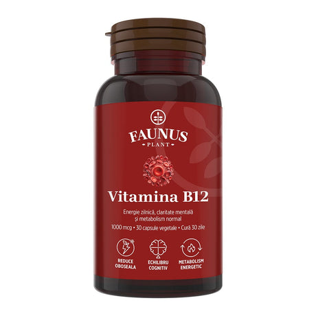 Vitamina B12 1000 mcg – Capsule pentru metabolismul energetic normal, funcționarea sistemului nervos, reducerea oboselii. Flacon 30 capsule Supliment alimentar Faunus Plant 