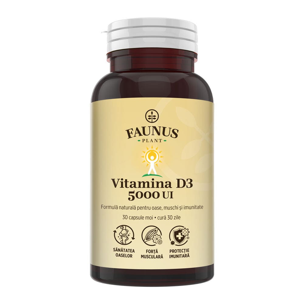 Vitamina D3 5000 UI – Concentrație mare de vitamina D3 pentru imunitate, absorbția calciului și fosforului în oase și mușchi. Flacon 30 capsule Supliment alimentar Faunus Plant 