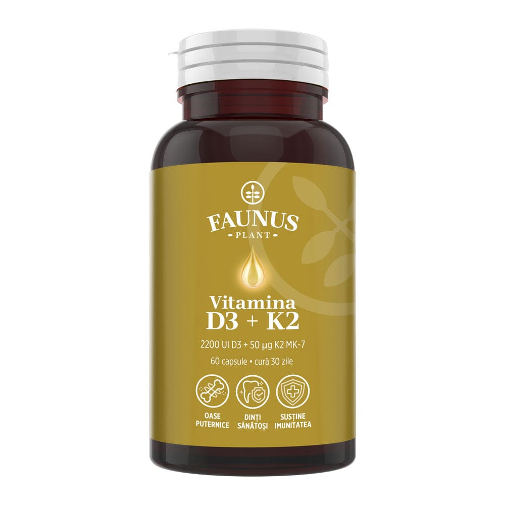 Flacon capsule Vitamina D3+K2 de la Faunus Plant, cu etichetă vizibilă, cu logo și informații despre formulă și beneficii principale.