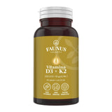 Flacon capsule Vitamina D3+K2 de la Faunus Plant, cu etichetă vizibilă, cu logo și informații despre formulă și beneficii principale.
