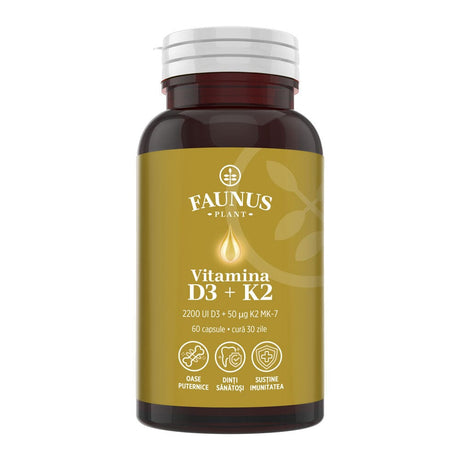 Flacon capsule Vitamina D3+K2 de la Faunus Plant, cu etichetă vizibilă, cu logo și informații despre formulă și beneficii principale.
