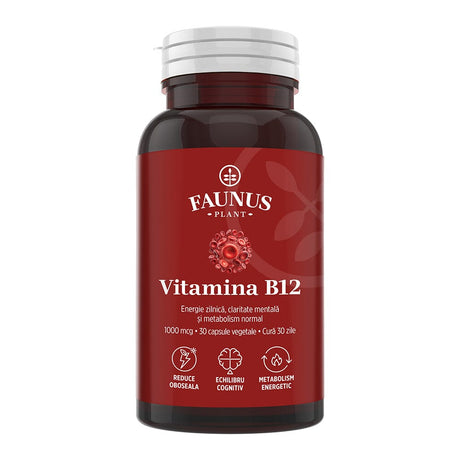 Vitamina B12 1000 mcg – Capsule pentru metabolismul energetic normal, funcționarea sistemului nervos, reducerea oboselii. Flacon 30 capsule Supliment alimentar Faunus Plant 