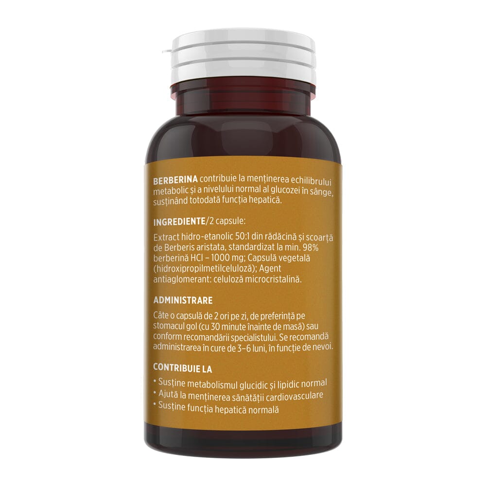 Flaconul de Berberină fotografiat din lateral stânga, pe fundal alb, cu detalii despre ingrediente, administrare și beneficii.