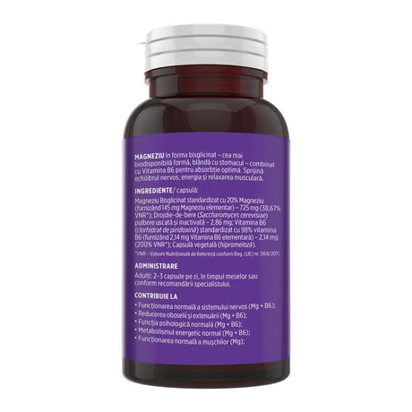 Magneziu Bisglicinat și Vitamina B6 – Formulă cu absorbție ridicată pentru echilibru nervos, energie și relaxare musculară. Flacon 90 capsule Supliment alimentar Faunus Plant 