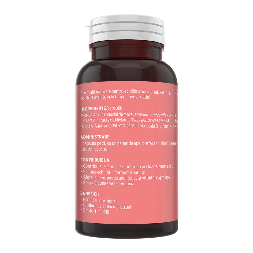 Flaconul de Menstrana fotografiat din lateral stânga, pe fundal alb, cu detalii despre ingrediente, administrare și beneficii.