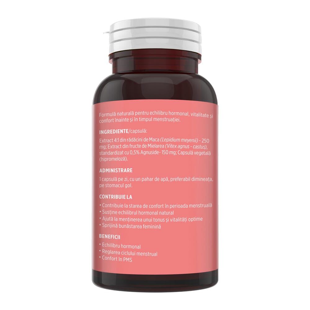 Flaconul de Menstrana fotografiat din lateral stânga, pe fundal alb, cu detalii despre ingrediente, administrare și beneficii.