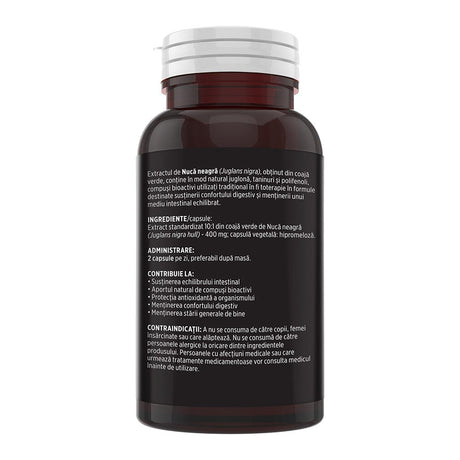 Flaconul de Nucă Neagră capsule fotografiat din lateral stânga, cu detalii despre produs, listă ingrediente, mod de administrare, beneficii și contraindicații.