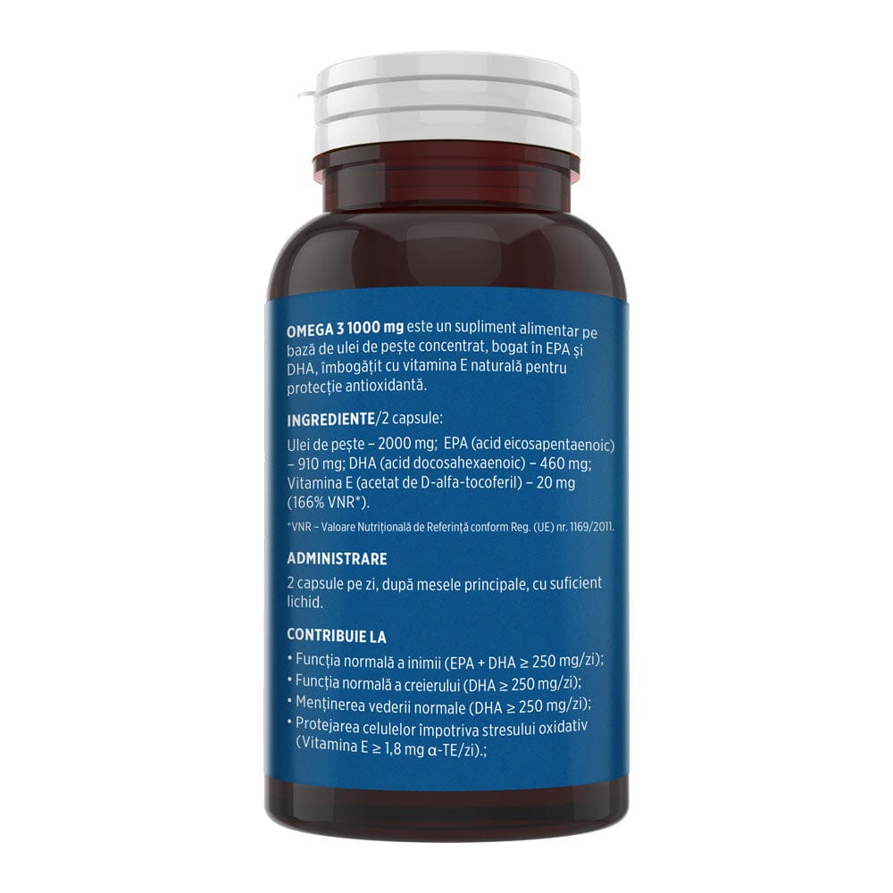 Omega 3 – Formulă concentrată în acizi grași îmbogățită cu vitamina E, susține funcția normală a inimii, a creierului și a vederii. Flacon 60 capsule Supliment alimentar Faunus Plant 