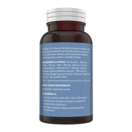 Omega 3 6 9 – Acizi grași esențiali cu vitamina E naturală pentru inimă sănătoasă, piele fermă și articulații puternice. Flacon 60 capsule Supliment alimentar Faunus Plant 
