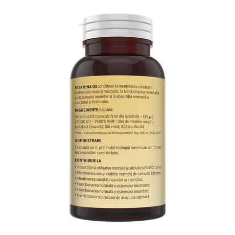 Vitamina D3 5000 UI – Concentrație mare de vitamina D3 pentru imunitate, absorbția calciului și fosforului în oase și mușchi. Flacon 30 capsule Supliment alimentar Faunus Plant 