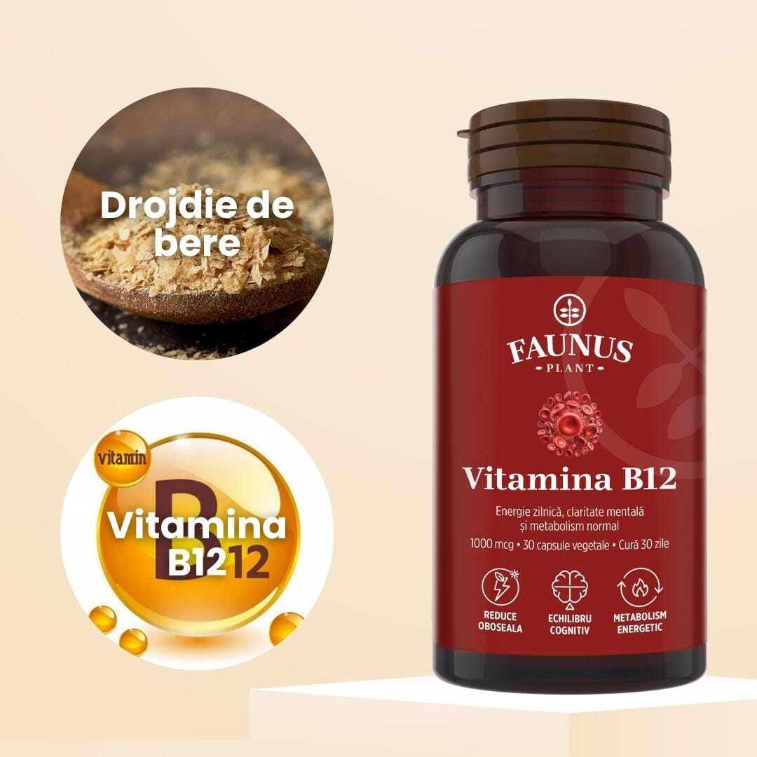Vitamina B12 1000 mcg – Capsule pentru metabolismul energetic normal, funcționarea sistemului nervos, reducerea oboselii. Flacon 30 capsule Supliment alimentar Faunus Plant 