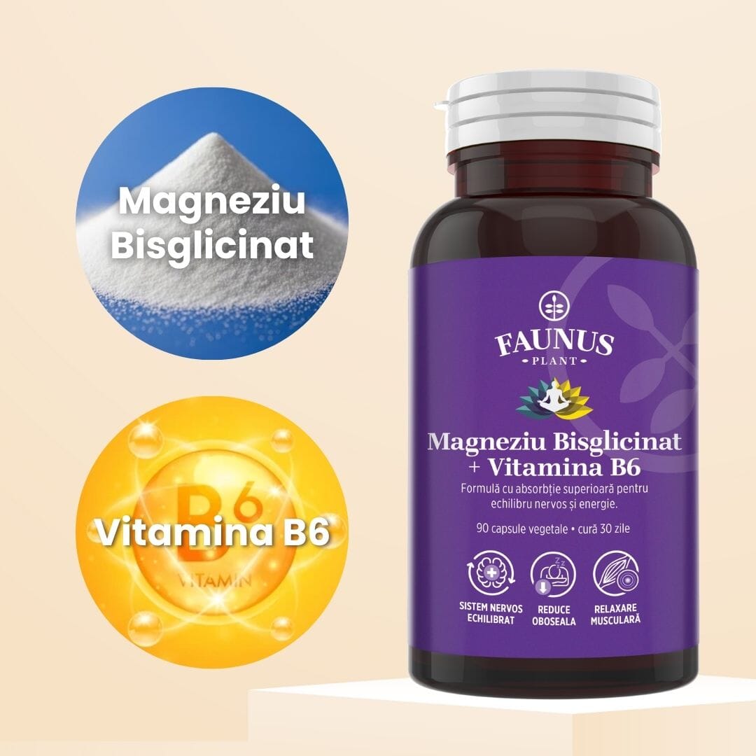 Magneziu Bisglicinat și Vitamina B6 – Formulă cu absorbție ridicată pentru echilibru nervos, energie și relaxare musculară. Flacon 90 capsule Supliment alimentar Faunus Plant 