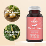 Flacon Menstrana fotografiat din față, având alături ingredientele principale într-o fotografie tip medalion și denumirile lor, Rădăcină de Maca, Vitex agnus - castus.
