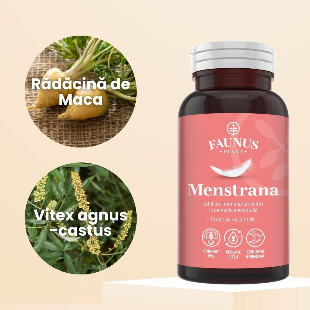 Flacon Menstrana fotografiat din față, având alături ingredientele principale într-o fotografie tip medalion și denumirile lor, Rădăcină de Maca, Vitex agnus - castus.