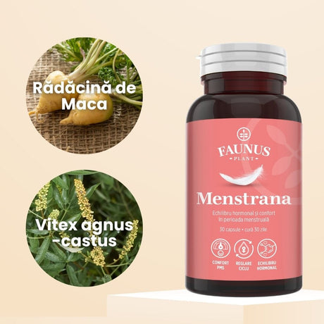 Flacon Menstrana fotografiat din față, având alături ingredientele principale într-o fotografie tip medalion și denumirile lor, Rădăcină de Maca, Vitex agnus - castus.
