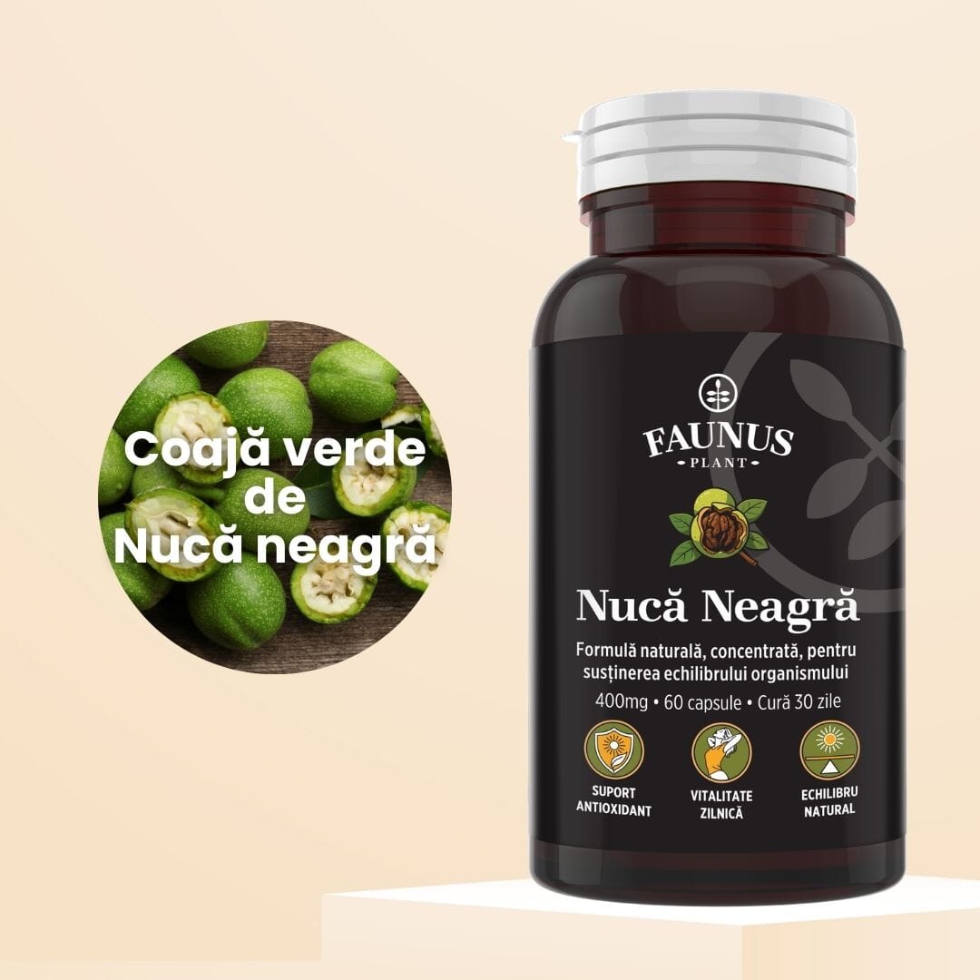 Flacon Nucă Neagră fotografiat din față, având alături ingredientul principal cu fotografie tip medalion și denumire.