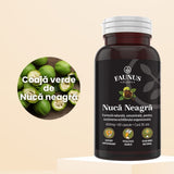 Flacon Nucă Neagră fotografiat din față, având alături ingredientul principal cu fotografie tip medalion și denumire.