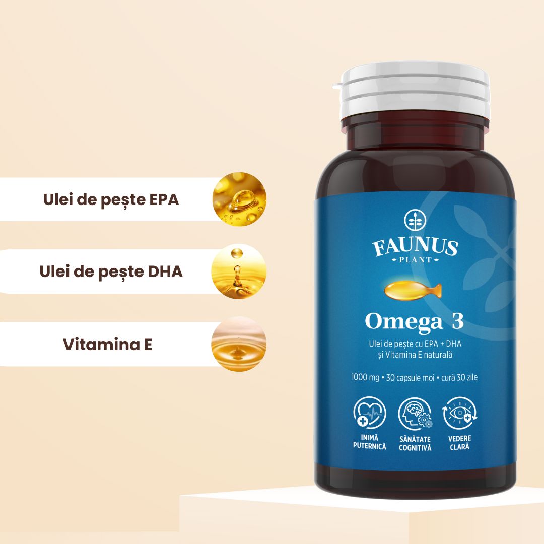 Omega 3 – Formulă concentrată în acizi grași îmbogățită cu vitamina E, susține funcția normală a inimii, a creierului și a vederii. Flacon 60 capsule Supliment alimentar Faunus Plant 