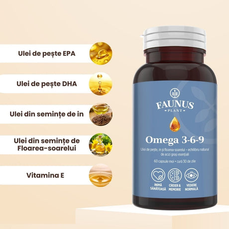 Omega 3 6 9 – Acizi grași esențiali cu vitamina E naturală pentru inimă sănătoasă, piele fermă și articulații puternice. Flacon 60 capsule Supliment alimentar Faunus Plant 