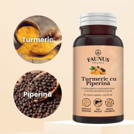 Turmeric cu Piperină – Antioxidant natural pentru articulații sănătoase, echilibru digestiv și susținerea ficatului. Flacon 60 capsule Supliment alimentar Faunus Plant 