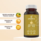 Flacon Vitamina D3+K2 fotografiat din față, având alături ingredientul principal într-o fotografie tip medalion și denumire: ulei din semințe de floarea-soarelui, vitamina D3 2200 UI, vitamina K2 50 μg.