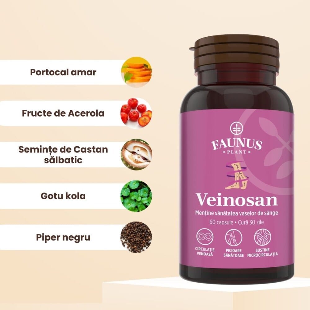 Veinosan – Capsule pentru susținerea circulației venoase și reducerea senzației de picioare grele. Flacon 60 capsule Supliment alimentar Faunus Plant 
