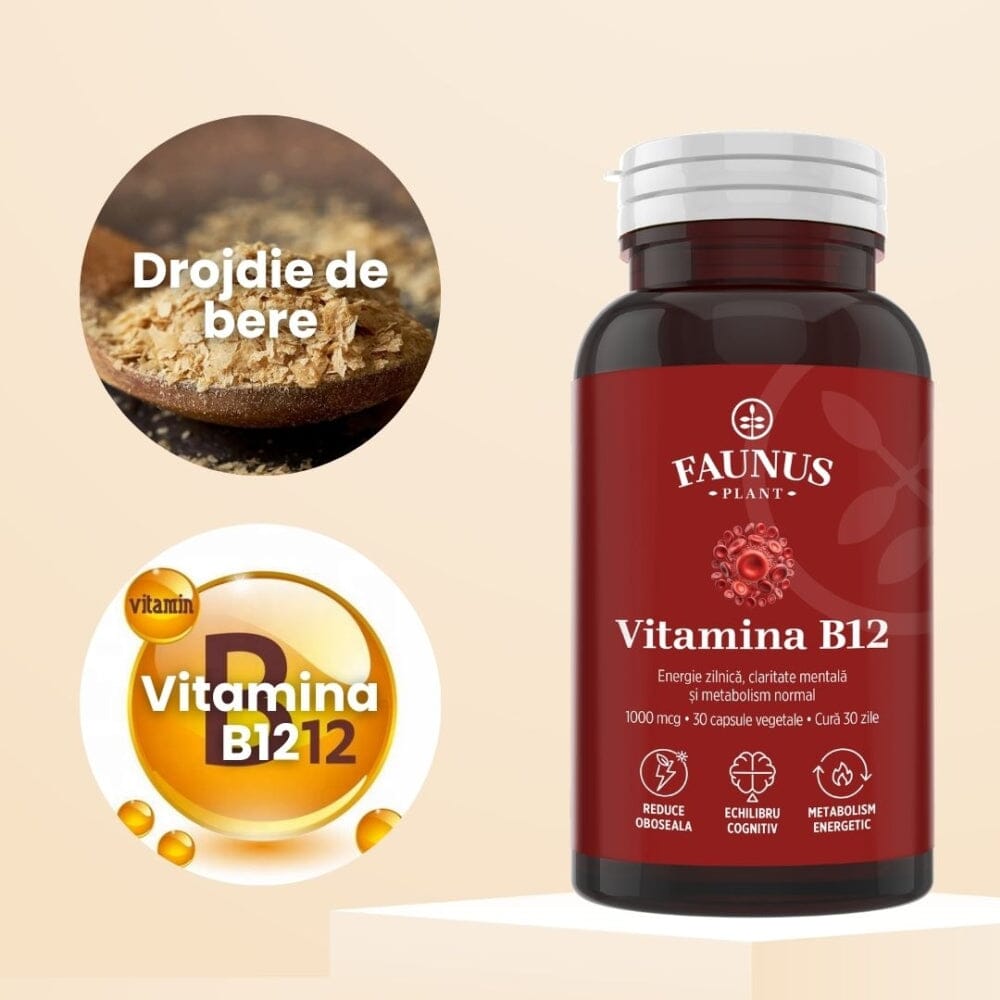 Vitamina B12 1000 mcg – Capsule pentru metabolismul energetic normal, funcționarea sistemului nervos, reducerea oboselii. Flacon 30 capsule Supliment alimentar Faunus Plant 