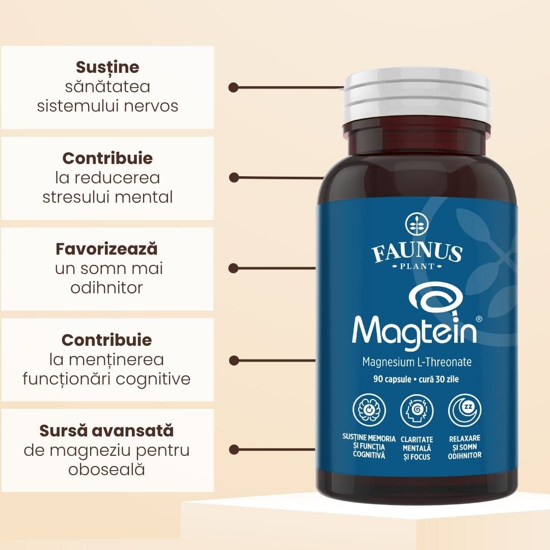 Magneziu L-Treonat Magtein® – Formulă complexă de magneziu antistres și oboseală. Flacon 90 capsule Supliment alimentar Faunus Plant 