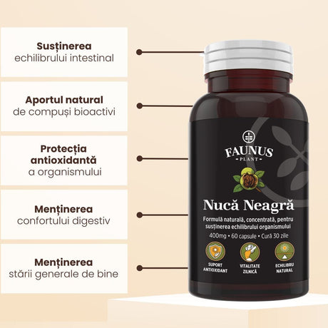 Flacon capsule Nucă Neagră de la Faunus Plant fotografiat din față, având alături beneficiile principale enumerate unul sub altul, în chenare de culoare albă.