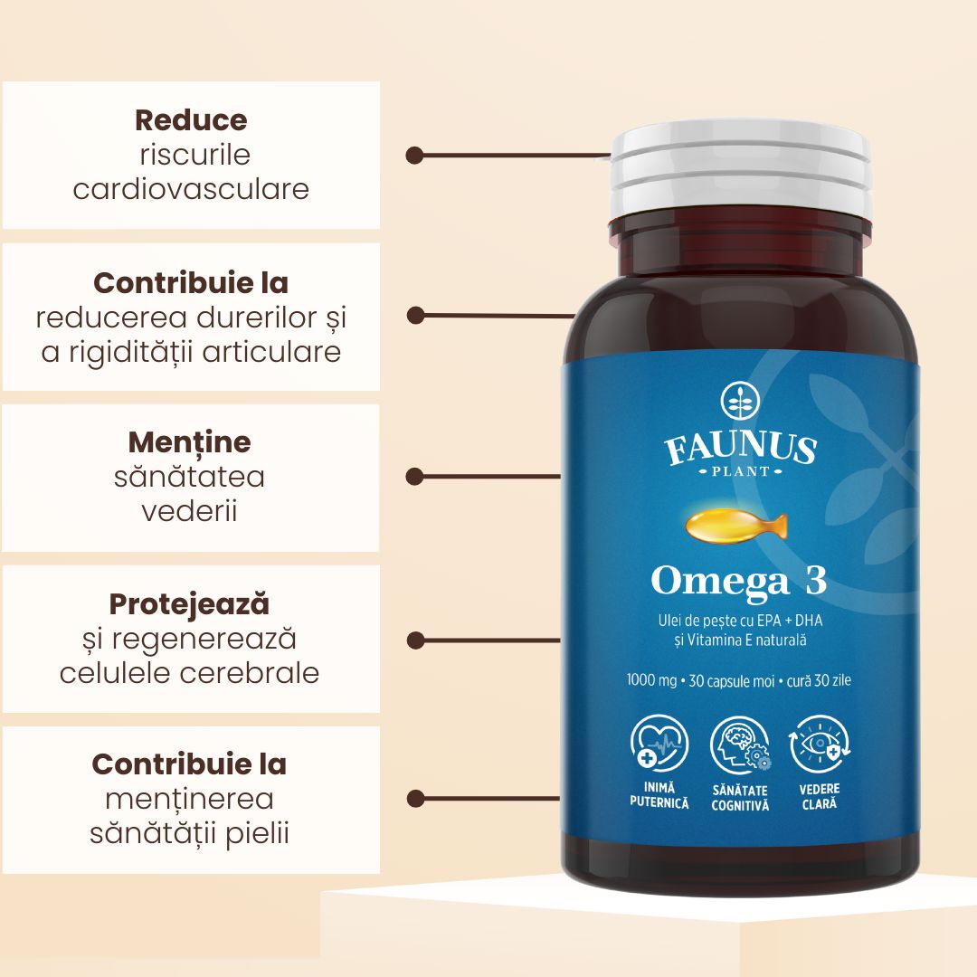 Omega 3 – Formulă concentrată în acizi grași îmbogățită cu vitamina E, susține funcția normală a inimii, a creierului și a vederii. Flacon 60 capsule Supliment alimentar Faunus Plant 
