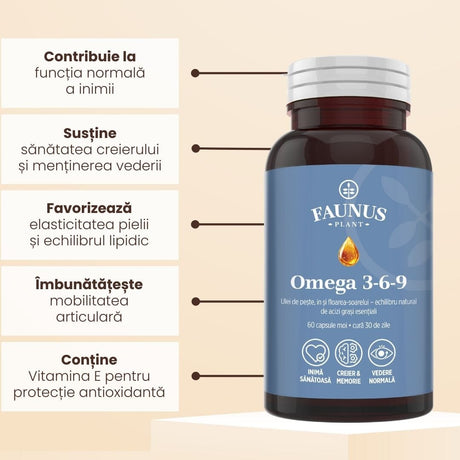 Omega 3 6 9 – Acizi grași esențiali cu vitamina E naturală pentru inimă sănătoasă, piele fermă și articulații puternice. Flacon 60 capsule Supliment alimentar Faunus Plant 
