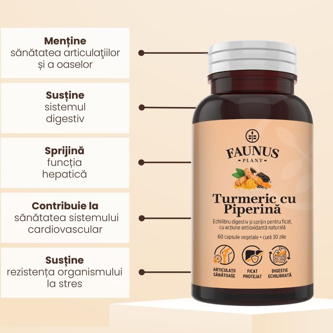 Turmeric cu Piperină – Antioxidant natural pentru articulații sănătoase, echilibru digestiv și susținerea ficatului. Flacon 60 capsule Supliment alimentar Faunus Plant 