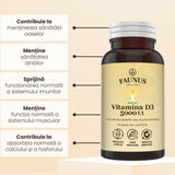 Vitamina D3 5000 UI – Concentrație mare de vitamina D3 pentru imunitate, absorbția calciului și fosforului în oase și mușchi. Flacon 30 capsule Supliment alimentar Faunus Plant 