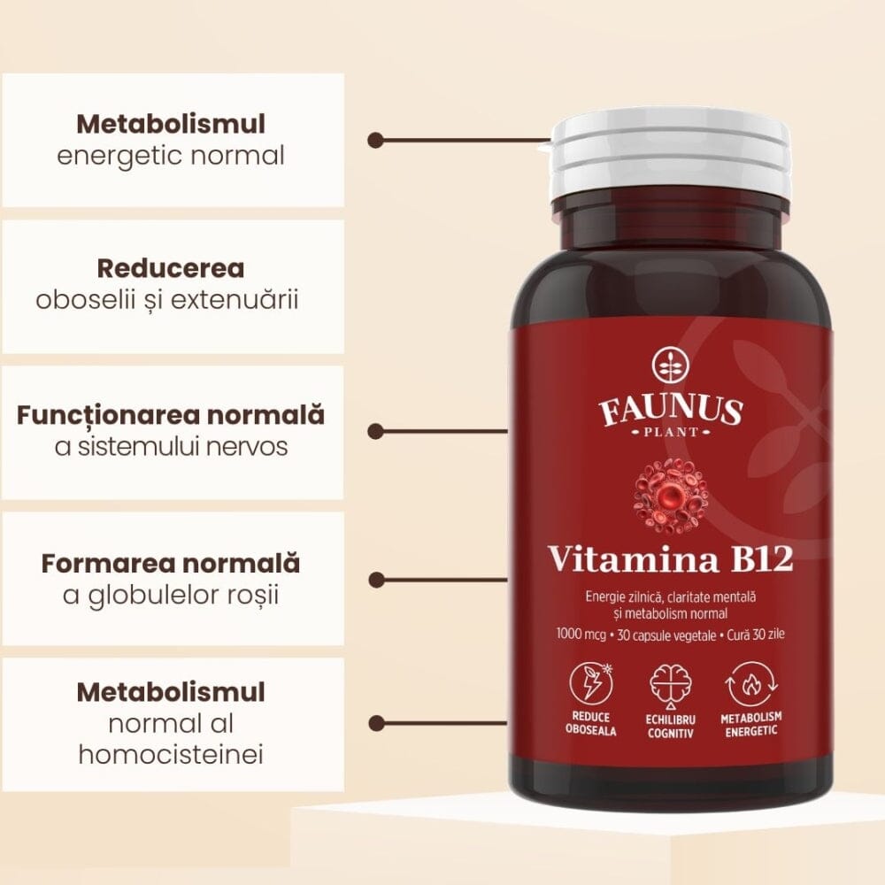 Vitamina B12 1000 mcg – Capsule pentru metabolismul energetic normal, funcționarea sistemului nervos, reducerea oboselii. Flacon 30 capsule Supliment alimentar Faunus Plant 