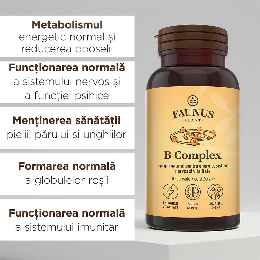 Vitamina B Complex – Capsule pentru metabolism energetic, sistem nervos și imunitate. Flacon 30 capsule Supliment alimentar Faunus Plant 