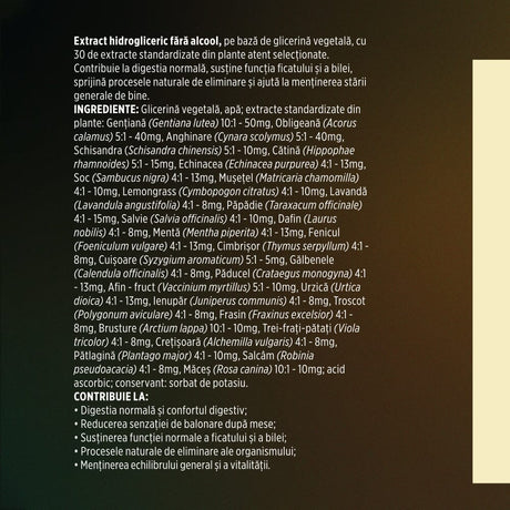 Etichetă desfășurată Bitter 30 Plante fără alcool de la Faunus Plant, având vizibile ingredientele, formula și beneficiile.