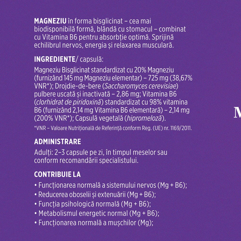 Magneziu Bisglicinat și Vitamina B6 – Formulă cu absorbție ridicată pentru echilibru nervos, energie și relaxare musculară. Flacon 90 capsule Supliment alimentar Faunus Plant 