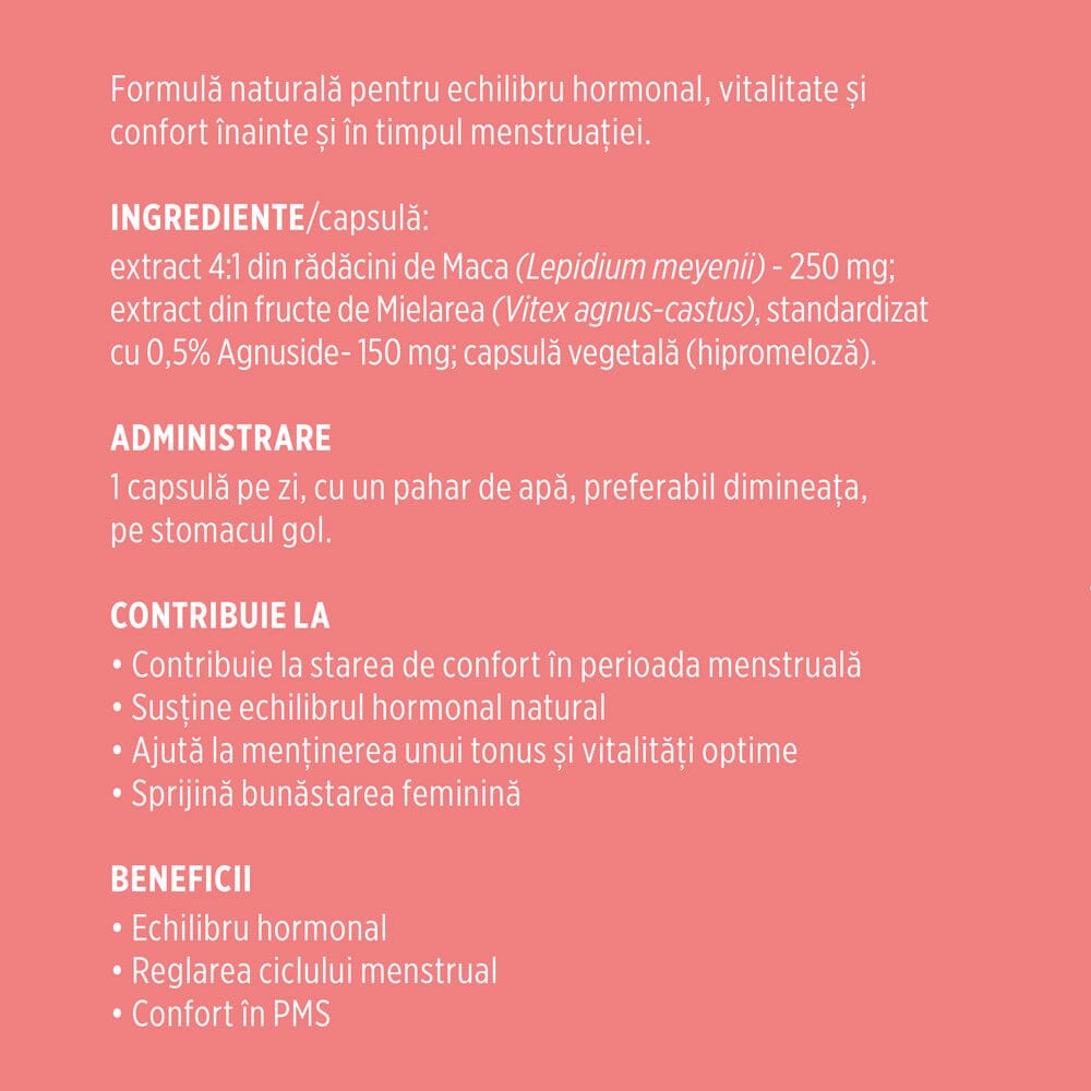 Etichetă desfășurată stânga pentru capsule Menstrana de la Faunus Plant, cu ingrediente, administrare și beneficii.