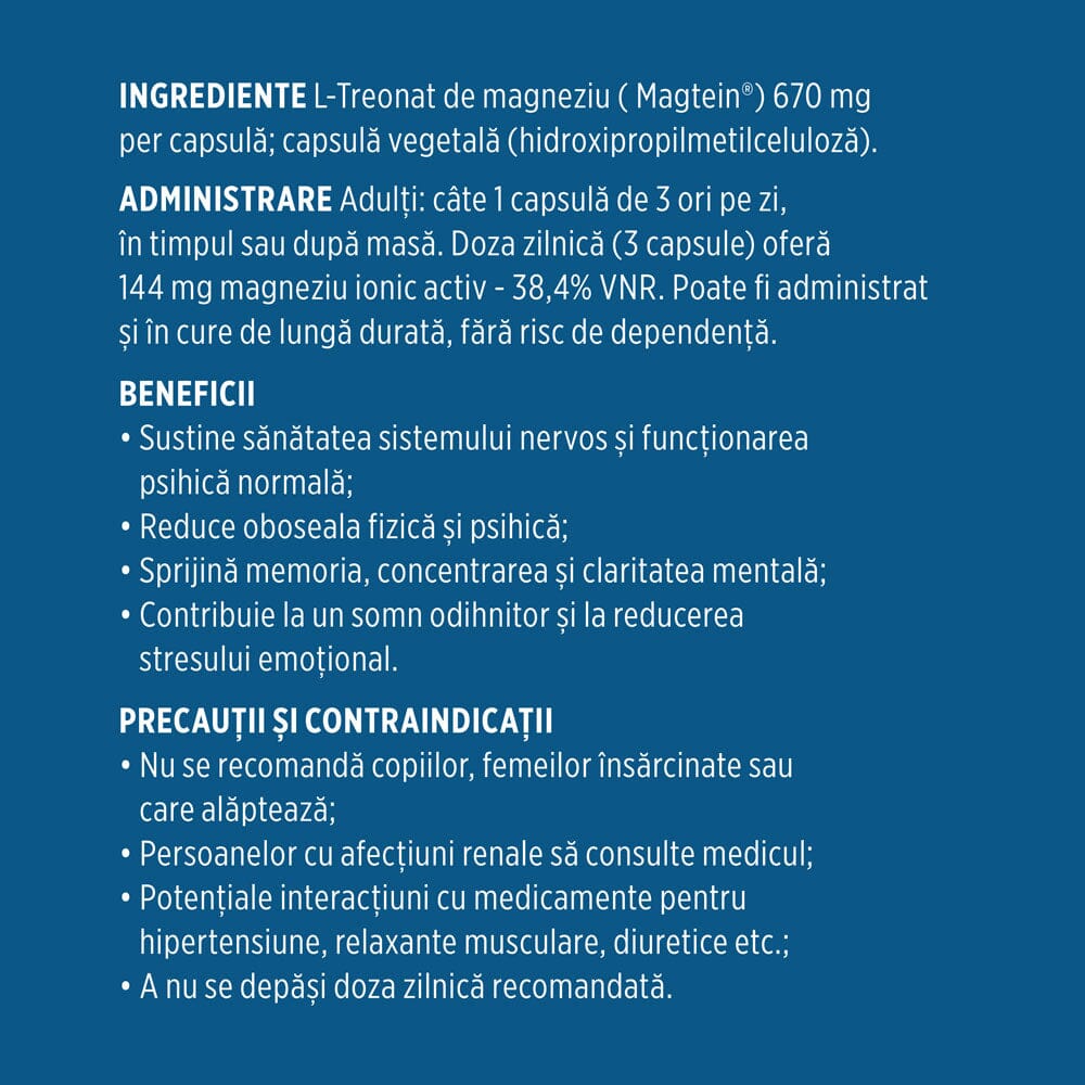 Etichetă desfășurată stânga pentru capsule Magtein de la Faunus Plant, cu ingrediente, administrare, beneficii, precauții și contraindicații.