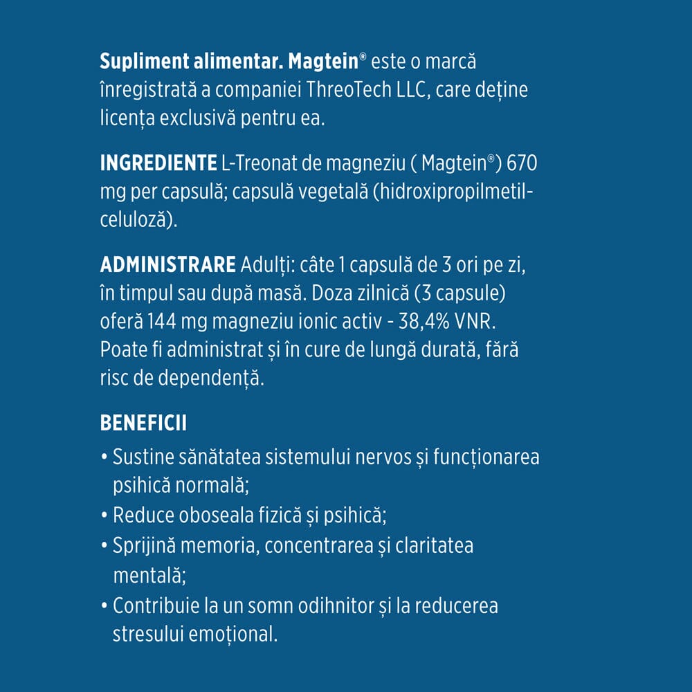 Etichetă desfășurată stânga pentru capsule Magtein de la Faunus Plant, cu ingrediente, administrare, beneficii, precauții și contraindicații.