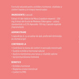 Etichetă desfășurată stânga pentru capsule Menstrana de la Faunus Plant, cu ingrediente, administrare și beneficii.