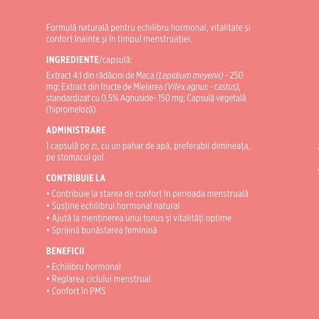 Etichetă desfășurată stânga pentru capsule Menstrana de la Faunus Plant, cu ingrediente, administrare și beneficii.