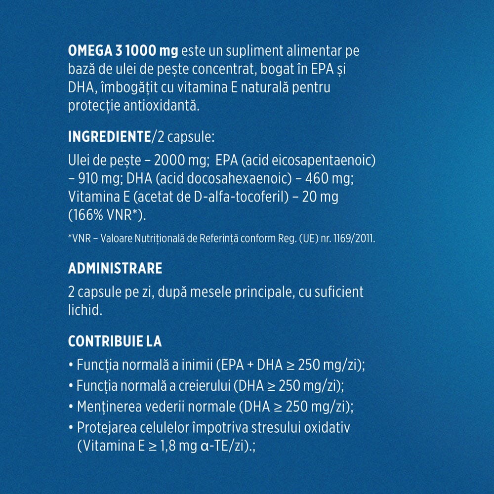 Omega 3 – Formulă concentrată în acizi grași îmbogățită cu vitamina E, susține funcția normală a inimii, a creierului și a vederii. Flacon 60 capsule Supliment alimentar Faunus Plant 