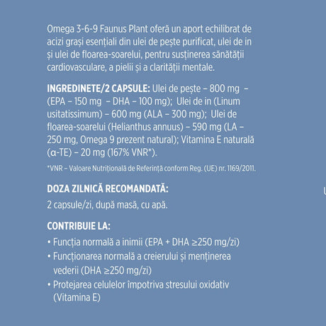 Omega 3 6 9 – Acizi grași esențiali cu vitamina E naturală pentru inimă sănătoasă, piele fermă și articulații puternice. Flacon 60 capsule Supliment alimentar Faunus Plant 