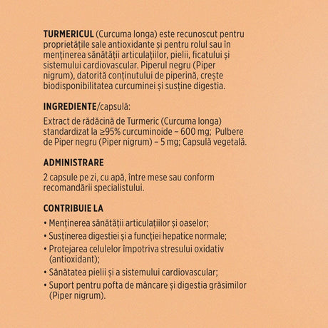 Turmeric cu Piperină – Antioxidant natural pentru articulații sănătoase, echilibru digestiv și susținerea ficatului. Flacon 60 capsule Supliment alimentar Faunus Plant 