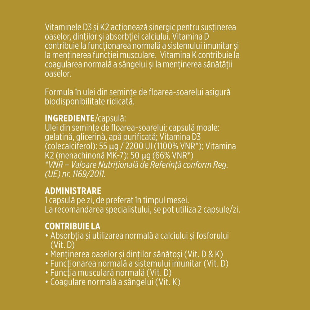Etichetă desfășurată lateral stânga pentru capsule Vitamina D3+K2 de la Faunus Plant, cu ingrediente, administrare și beneficii.