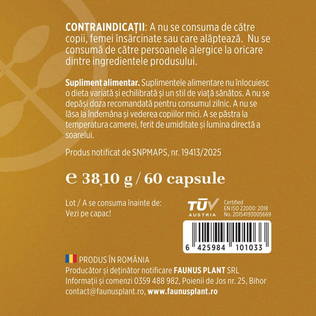 Etichetă desfășurată capsule Berberină de la Faunus Plant, cu precauții, contraindicații, cantitate și detalii despre producător, cod de bare și logo TUV Austria.