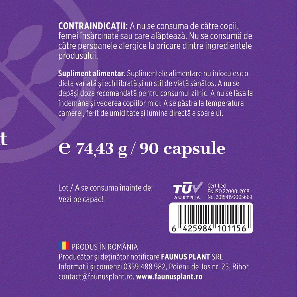 Magneziu Bisglicinat și Vitamina B6 – Formulă cu absorbție ridicată pentru echilibru nervos, energie și relaxare musculară. Flacon 90 capsule Supliment alimentar Faunus Plant 